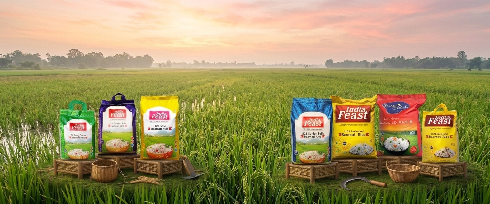 Indian basmati rice farmer in green paddy fields with Indiafeast rice bags – Indiafeast Millers, Taraori, Karnal
